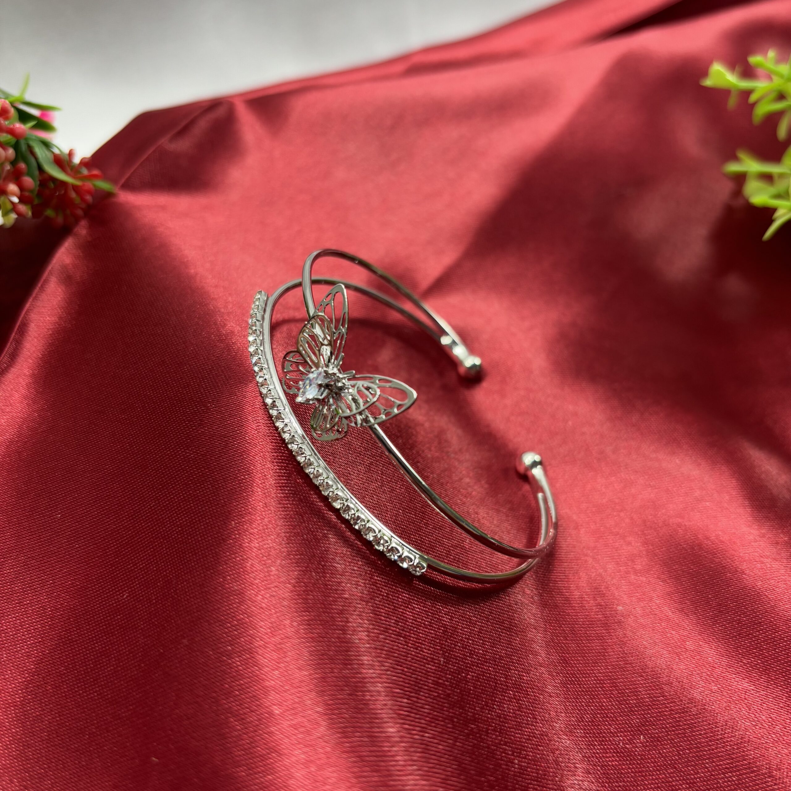 Butterfly Silver Adjustable Bracelet with Sparkling Stone