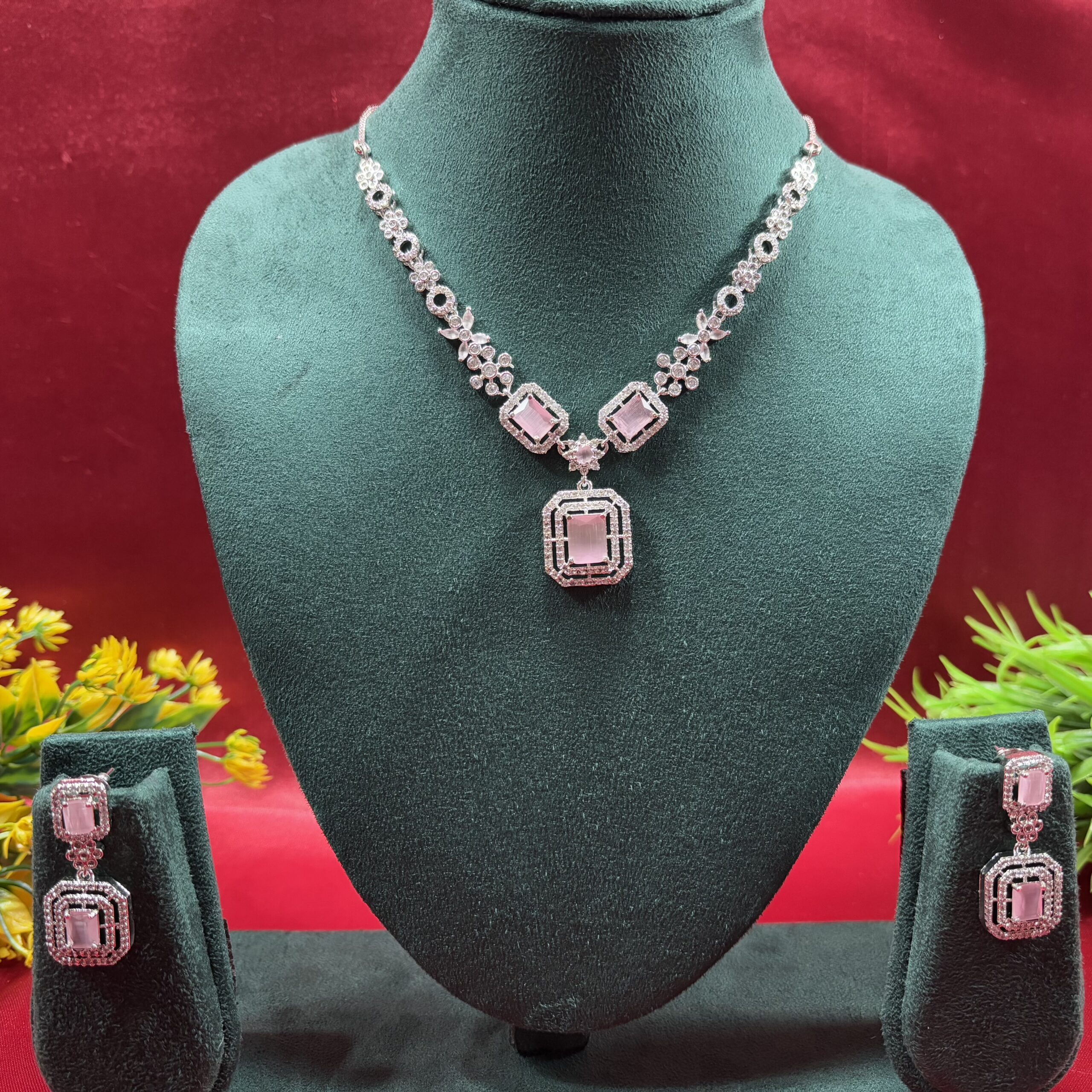 Beautiful Pastel Pink AD Necklace Set