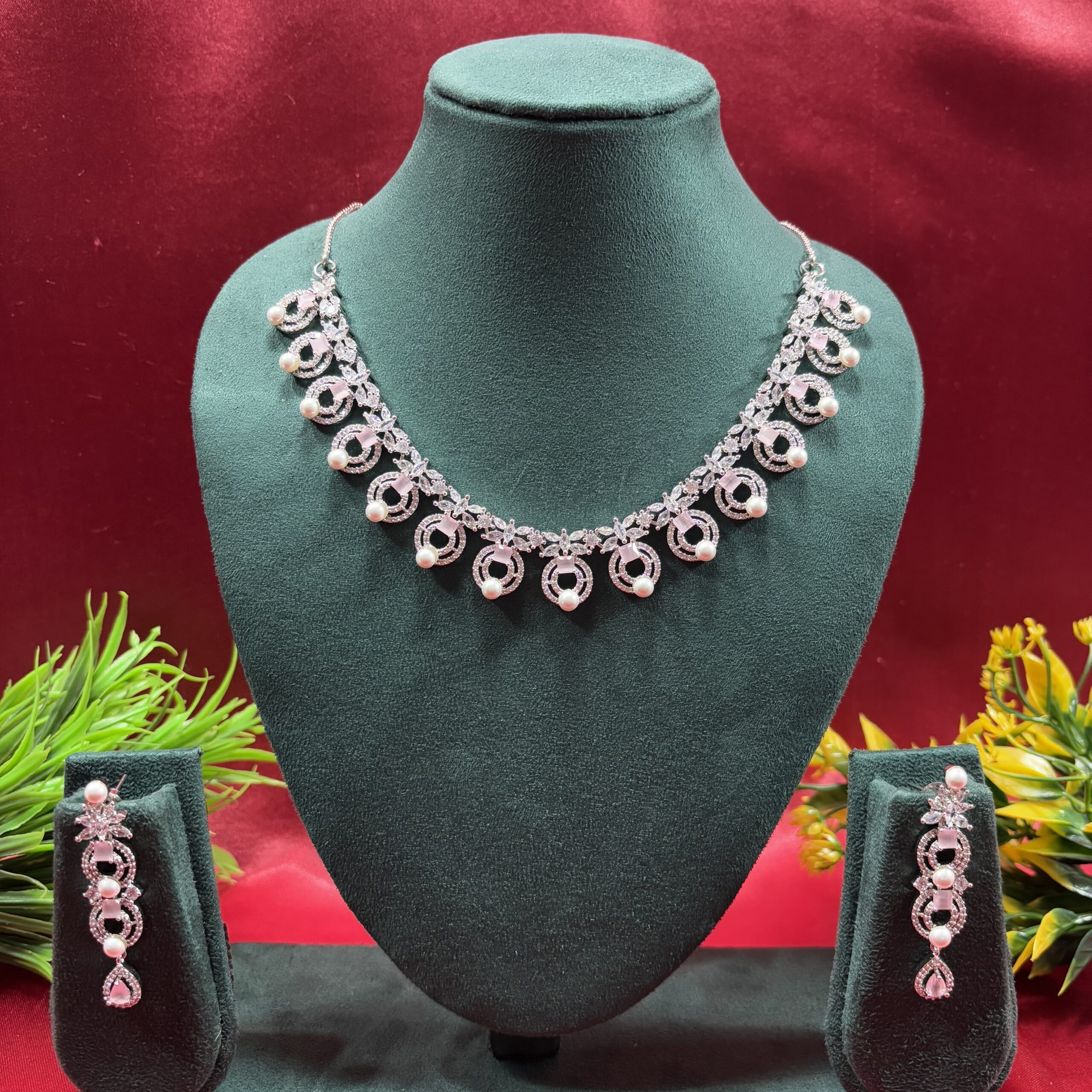 Beautiful AD Necklace Set with Light Pink Touch